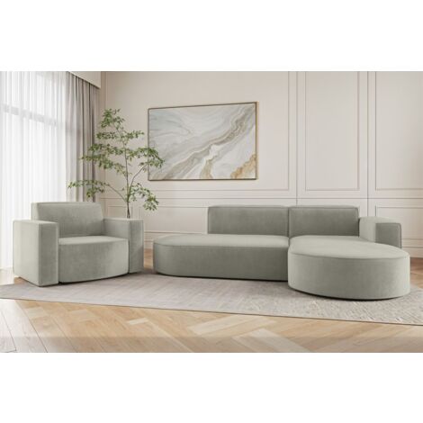 Sofa Set 2-teilig Sessel und Ecksofa PALMA XS Stoff Noel Hellgrau Ottomane Rechts