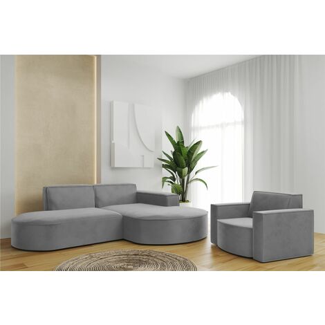 Sofa Set 2-teilig Sessel und Ecksofa PALMA XS Stoff Opera Grau Ottomane Rechts