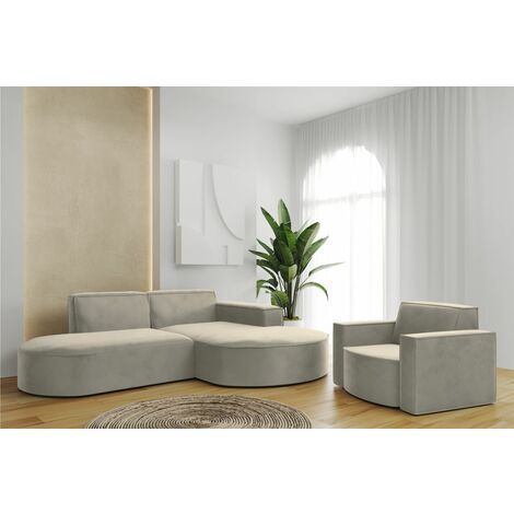 Sofa Set 2-teilig Sessel und Ecksofa PALMA XS Stoff Opera Pearl Ottomane Rechts