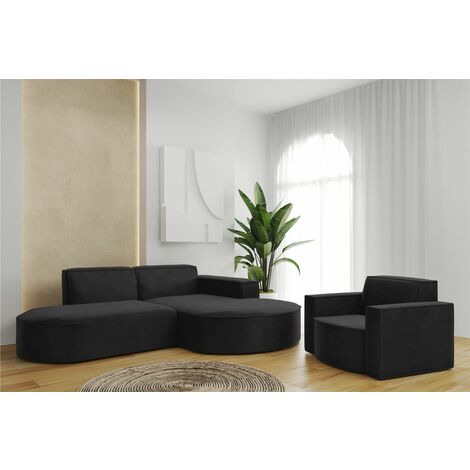 Sofa Set 2-teilig Sessel und Ecksofa PALMA XS Stoff Opera Schwarz Ottomane Rechts