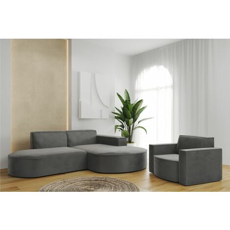 Sofa Set 2-teilig Sessel und Ecksofa PALMA XS Stoff Opera Steel Ottomane Rechts