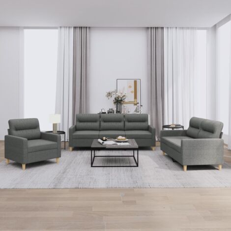 Sofa-Set 3 Teile mit Kissen Dunkelgrau Stoff