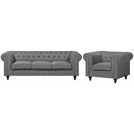 Sofa Set Hellgrau Polsterbezug Sitzgruppe Chesterfield Stil Glamourös Wohnzimmer