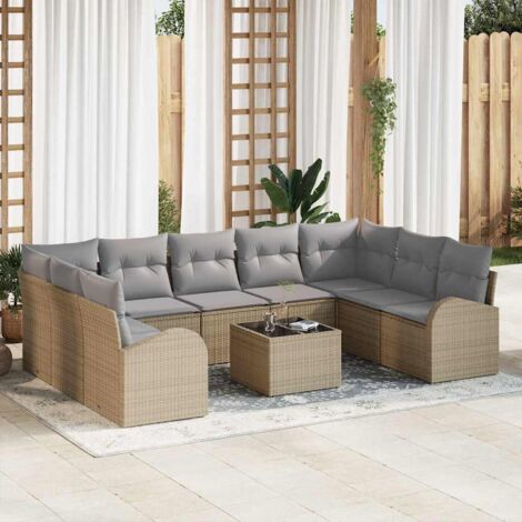 Sofa Set mit Kissen 10 pcs Beige und hellgrau Poly-Rattan vidaXL