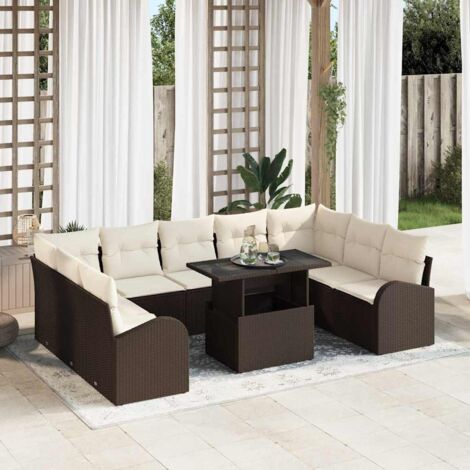 Sofa Set mit Kissen 10 pcs Braun und Creme Poly-Rattan vidaXL