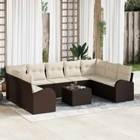 Sofa Set mit Kissen 10 pcs Braun und Weiß Poly-Rattan vidaXL