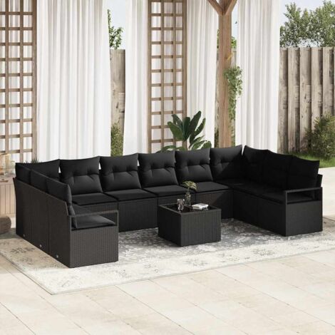 Sofa Set mit Kissen 11 pcs Schwarz Poly Rattan vidaXL