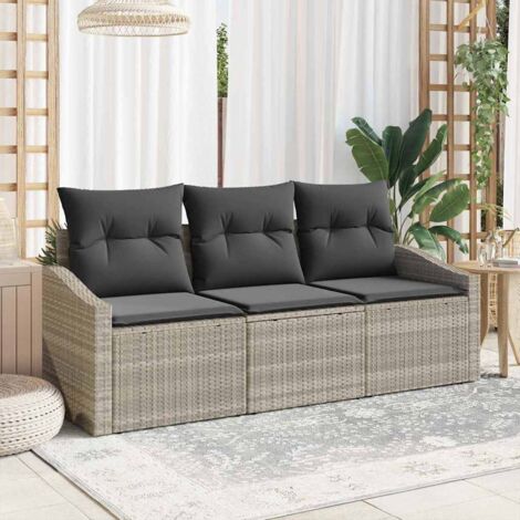 Sofa Set mit Kissen 3 pcs Hellgrau Poly-Rattan vidaXL