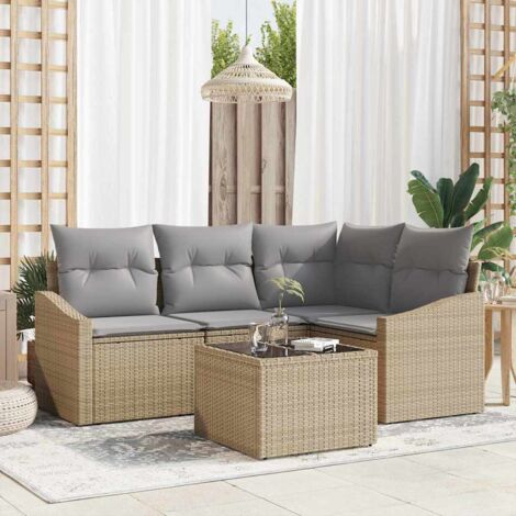 Sofa Set mit Kissen 5 pcs Beige Poly Rattan vidaXL