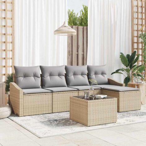Sofa Set mit Kissen 6 pcs Beige und Hellgrau Poly-Rattan vidaXL