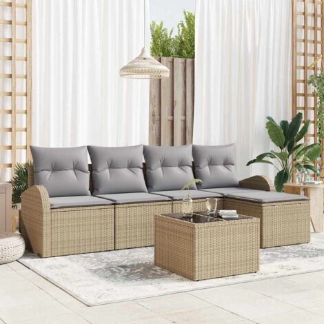 Sofa Set mit Kissen 6 pcs Beige und Hellgrau Poly-Rattan vidaXL