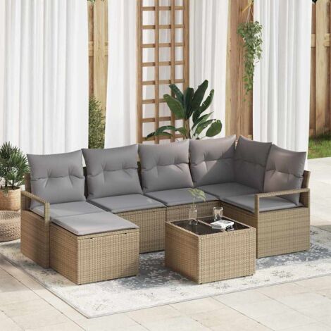 Sofa Set mit Kissen 7 pcs Beige Poly Rattan vidaXL