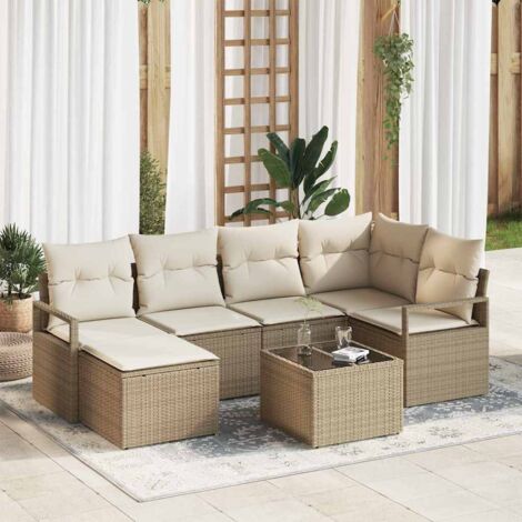 Sofa Set mit Kissen 7 pcs Beige und Creme Poly-Rattan vidaXL