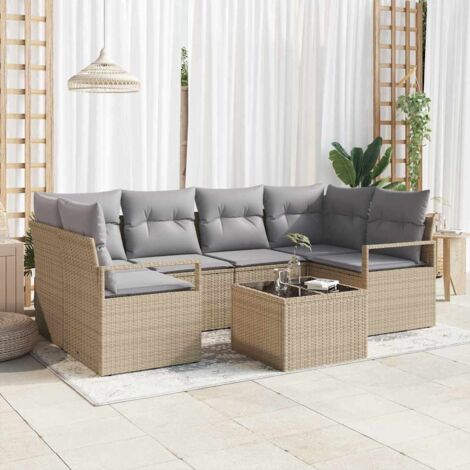 Sofa Set mit Kissen 7 pcs Beige und Grau Poly Rattan vidaXL