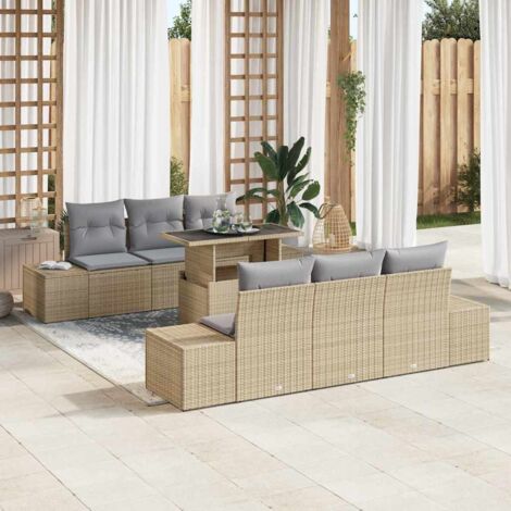 Sofa Set mit Kissen 7 pcs Beige und Hellgrau Poly-Rattan vidaXL