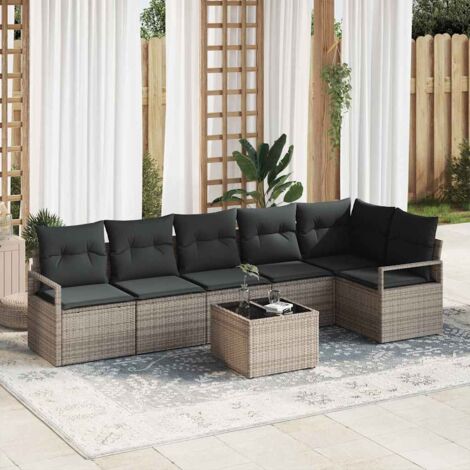 Sofa Set mit Kissen 7 pcs Grau Poly Rattan vidaXL