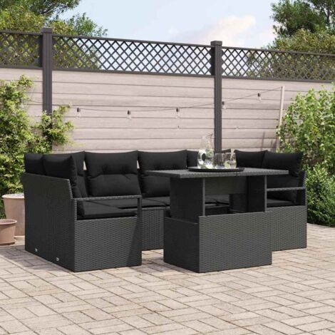Sofa Set mit Kissen 7 pcs Schwarz Poly-Rattan vidaXL