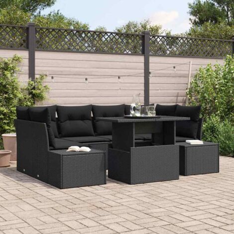 Sofa Set mit Kissen 7 pcs Schwarz Poly-Rattan vidaXL