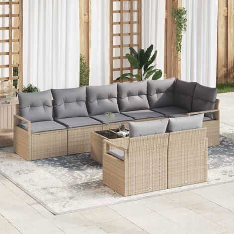 Sofa Set mit Kissen 9 pcs Beige Poly Rattan vidaXL