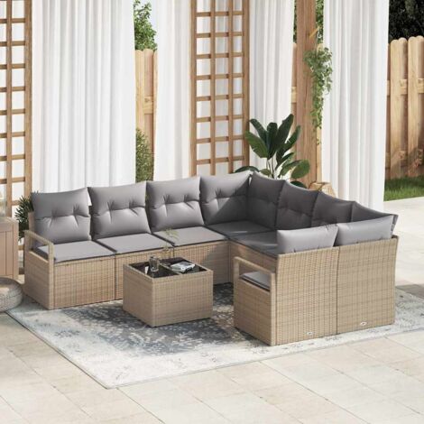 Sofa Set mit Kissen 9 pcs Beige und Grau Poly-Rattan vidaXL