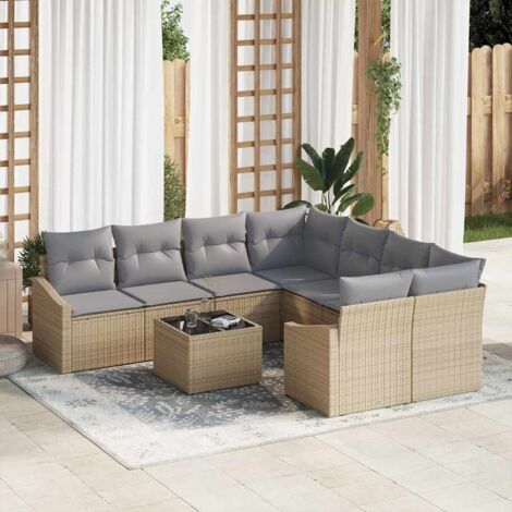 Sofa Set mit Kissen 9 pcs Beige und Hellgrau Poly-Rattan vidaXL