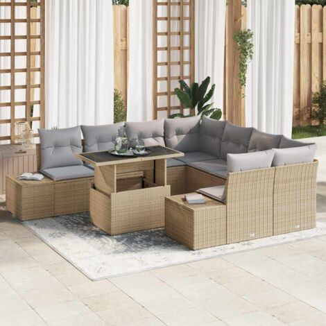 Sofa Set mit Kissen 9 pcs Beige und Hellgrau Poly-Rattan vidaXL