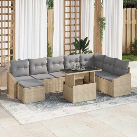 Sofa Set mit Kissen 9 pcs Beige und Hellgrau Poly-Rattan vidaXL