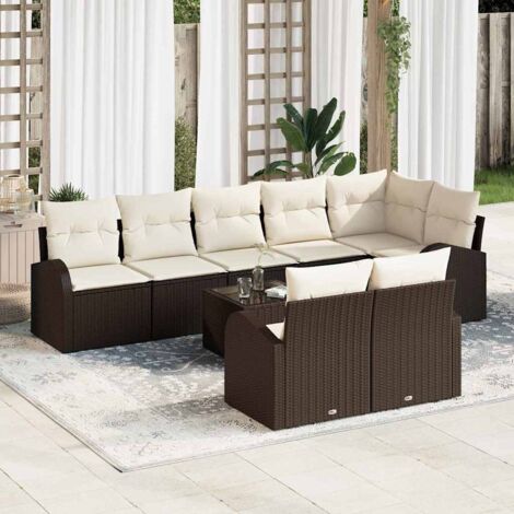 Sofa Set mit Kissen 9 pcs Braun und Weiß Poly-Rattan vidaXL