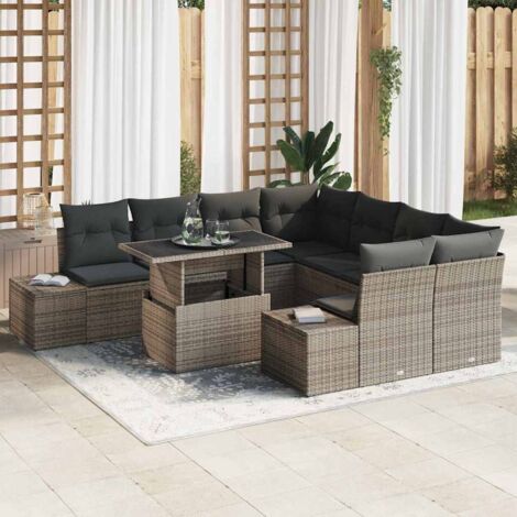 Sofa Set mit Kissen 9 pcs Grau Poly-Rattan vidaXL