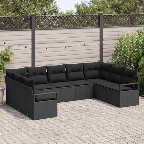 Sofa Set mit Kissen 9 pcs Schwarz Poly Rattan vidaXL