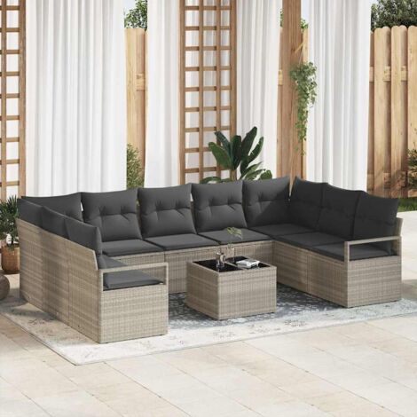 Sofa Set mit Kissen mit Speicher 10 pcs Hellgrau Poly-Rattan vidaXL