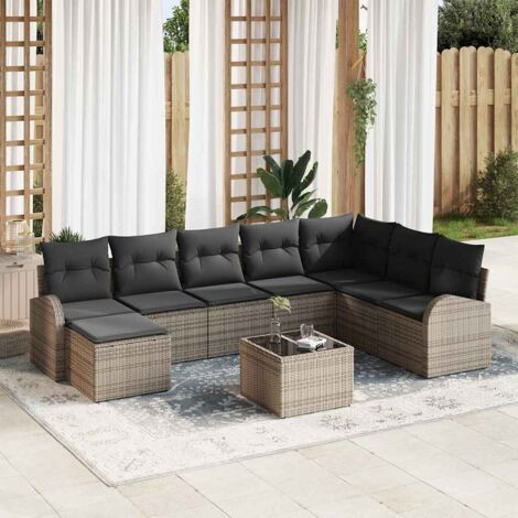 Sofa Set mit Kissen mit Speicher 9 pcs Grau Poly-Rattan vidaXL