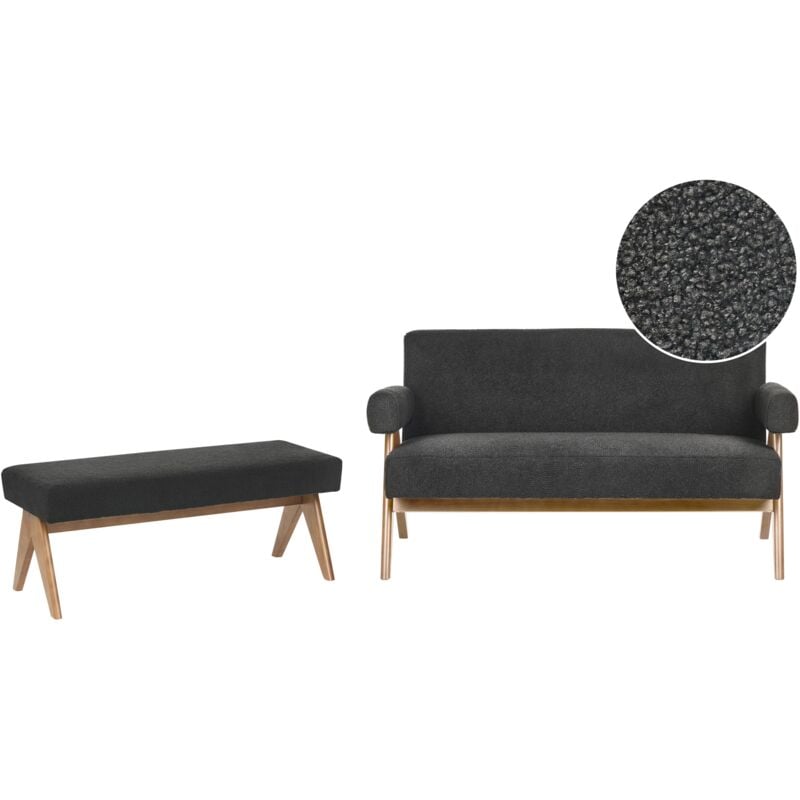 Beliani - Sofa Set Retro Living Room 2 Seater Sofa Bench Boucle Upholstery Wooden Legs Black and Dark Brown Tamre