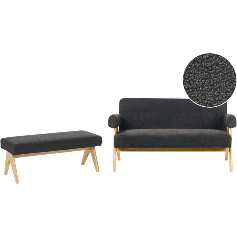 Beliani - Sofa Set Retro Living Room 2 Seater Sofa Bench Boucle Upholstery Wooden Legs Black and Light Brown Tamre