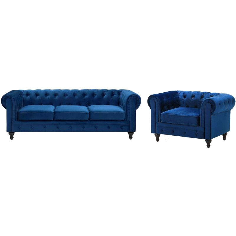 Beliani Sofa Set Marineblau Samtstoff Sizgruppe Mit Dicken Sitzkissen Holzbeinen Armlehnen Chesterfield Knopfheftung Glamourös Wohnzimmer Ausstattung
