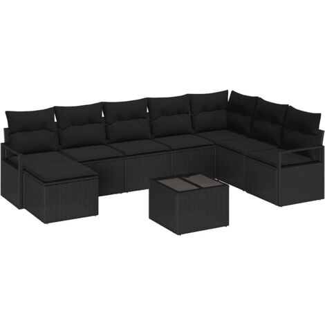 vidaXL Sofa Set with Cushion 9 pcs Black Poly Rattan