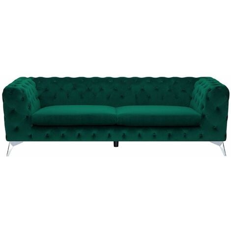 Sofa Smaragdgrün Samtstoff 3-Sitzer Chesterfield Stil Klassisch Wohnzimmer