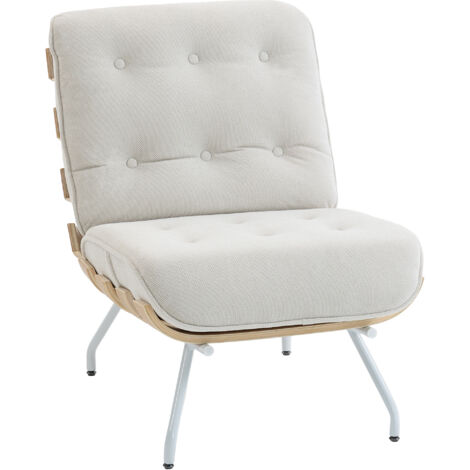 Sofá tapizado para salón en lino con asiento acolchado, soporte de listones y estructura de acero color crema.