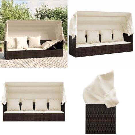 Sofá tumbona de jardín con toldo cojines ratán sintético marrón - Toldo - Cojines