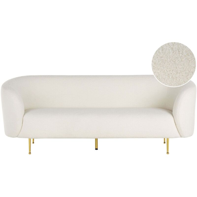 Beliani Sofa Weiß Bouclé Stoffbezug 3-sitzer Mit Armlehnen Metallgestell In Gold Glamouröser Edler Stil Wohnzimmer Salon Esszimmer Flur