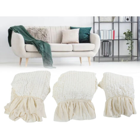 Sofabezug (3-teilig) mit elastischem Saum und Volant - Polyester-Polyurethan - Vollständige Abdeckung für 1-, 2- und 3-Sitzer-Sofas (Beige)