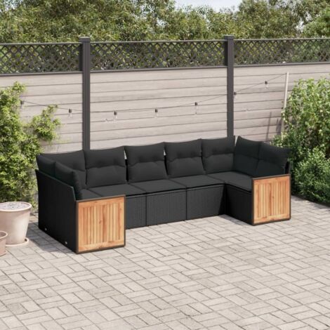 Sofagarnitur 7 Teile mit Kissen Schwarz Rattangeflecht