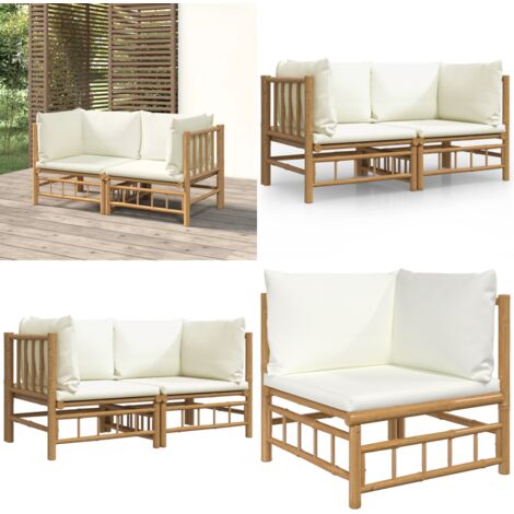 Sofás de esquina de jardín 2 uds bambú con cojines blanco crema - Bambú - Cojín