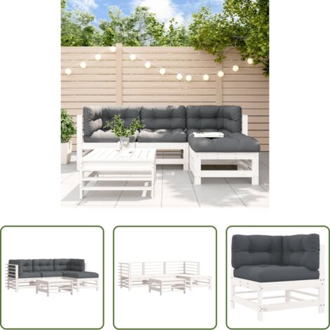 Sofás de jardín -  Juego de muebles jardín 5 piezas y cojines madera maciza blanco