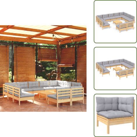 Sofás de jardín - vidaXL Muebles de jardín 12 pzas y cojines gris madera maciza de pino - Muebles modulares