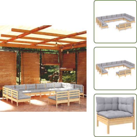 Sofás de jardín - vidaXL Muebles de jardín 12 pzas y cojines madera maciza de pino gris - Muebles modulares