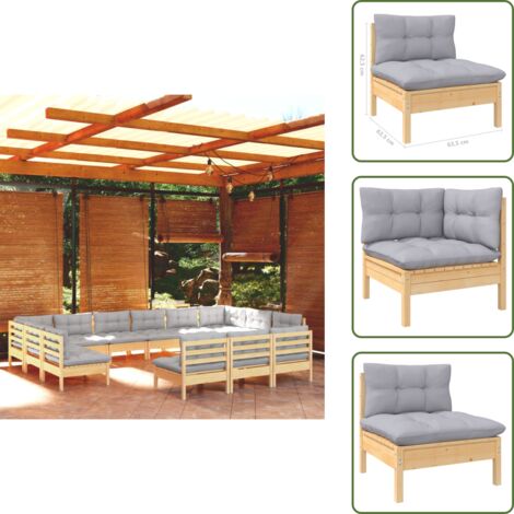 Sofás de jardín - vidaXL Muebles de jardín 13 pzas y cojines madera maciza de pino gris - Muebles modulares