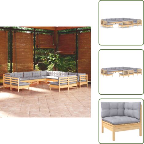 Sofás de jardín - vidaXL Muebles de jardín 13 pzas y cojines madera maciza de pino gris - Muebles modulares
