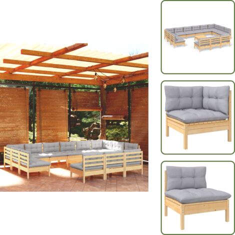 Sofás de jardín - vidaXL Muebles de jardín 14 pzas y cojines gris madera maciza de pino - Muebles modulares