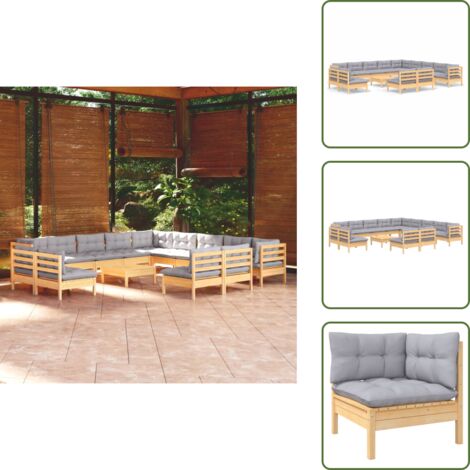 Sofás de jardín - vidaXL Muebles de jardín 14 pzas y cojines madera maciza de pino gris - Muebles modulares